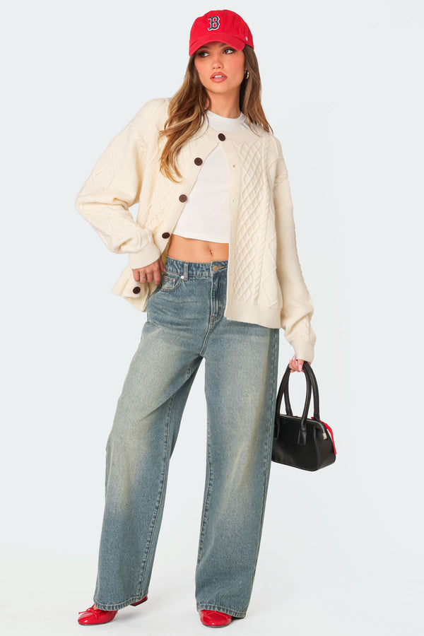 Edikted Rory Oversized Cable Knit Cardigan Cream