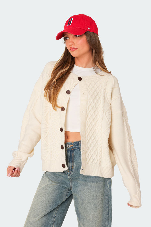 Edikted Rory Oversized Cable Knit Cardigan Cream