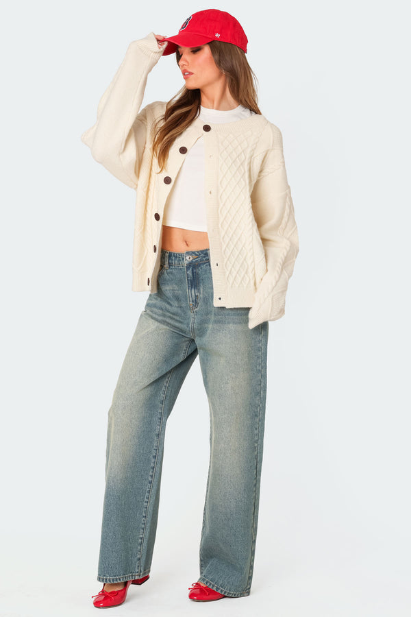 Edikted Rory Oversized Cable Knit Cardigan Cream