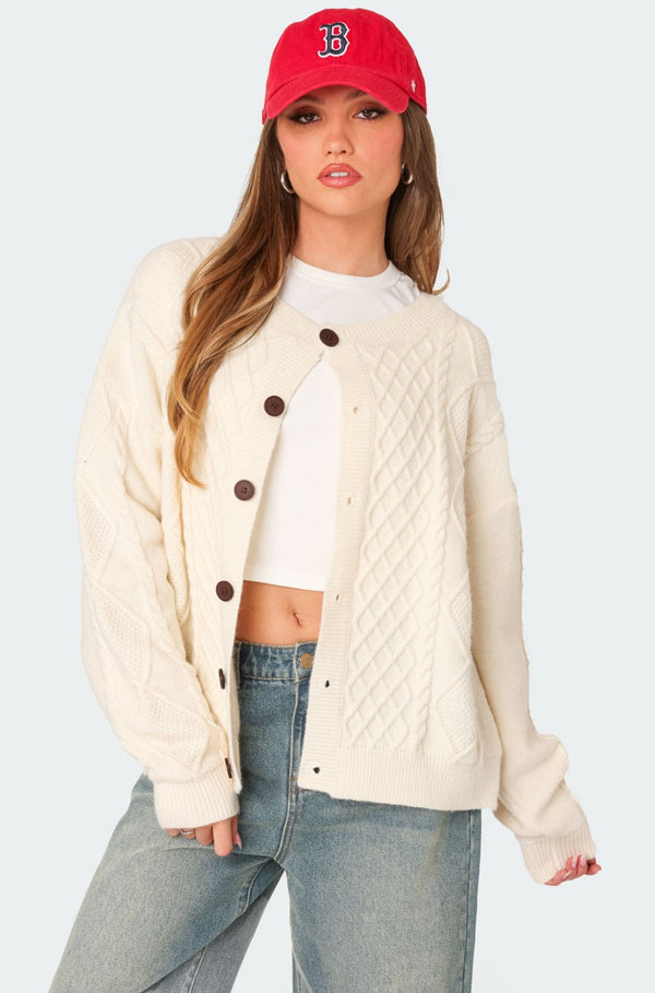 edikted Rory Oversized Cable Knit Cardigan cream
