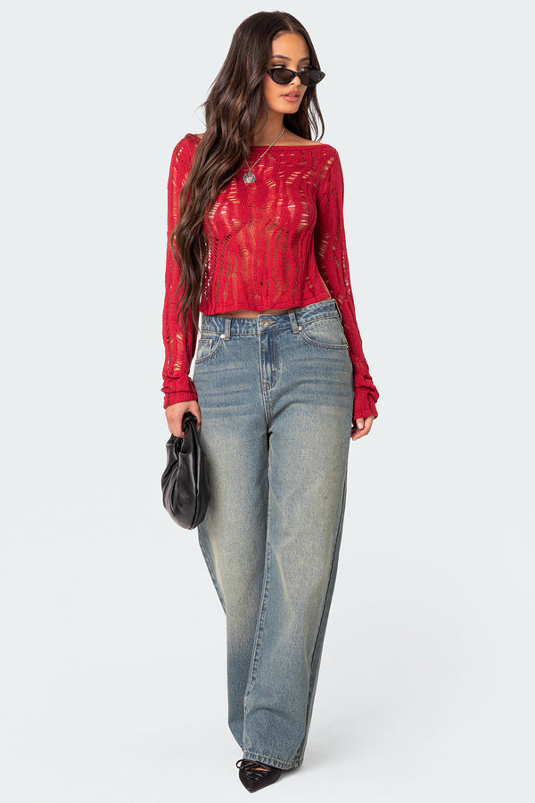 Edikted Rosa Open Back Sheer Knit Top Red