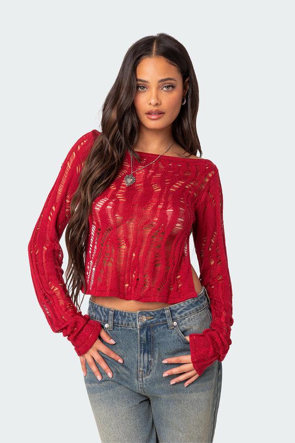 Edikted Rosa Open Back Sheer Knit Top Red