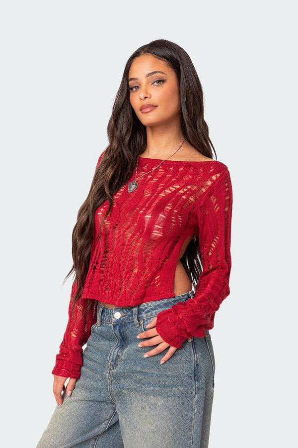 Edikted Rosa Open Back Sheer Knit Top Red