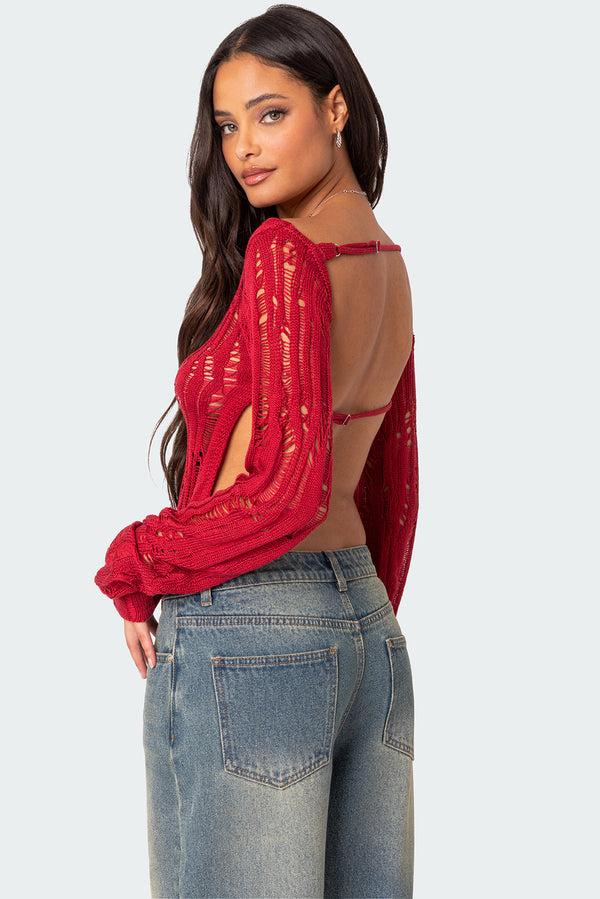 edikted Rosa Open Back Sheer Knit Top red