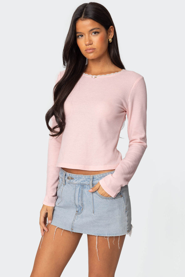 Edikted Rosemarie Lacey Waffle Top Pink