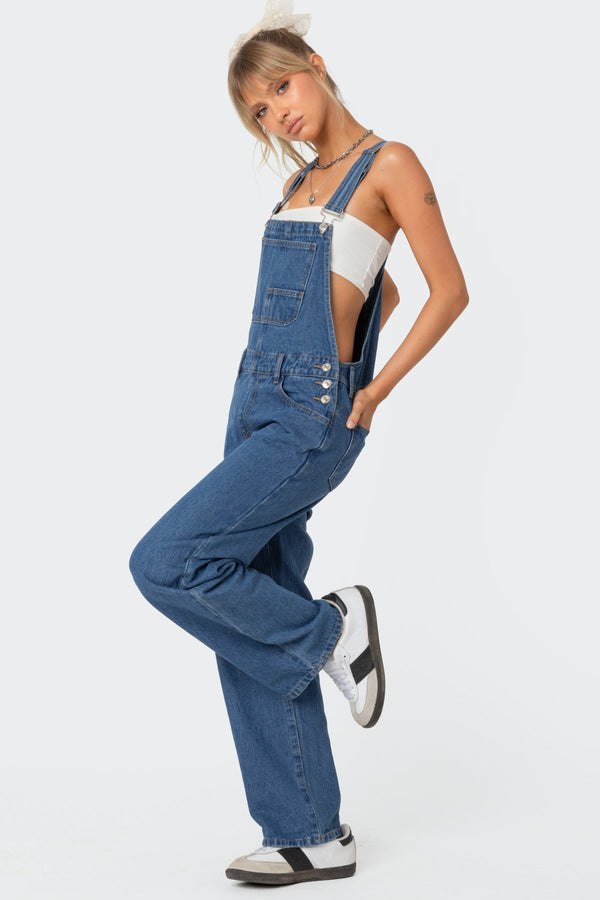 Edikted Rosemary Denim Overalls Blue Washed
