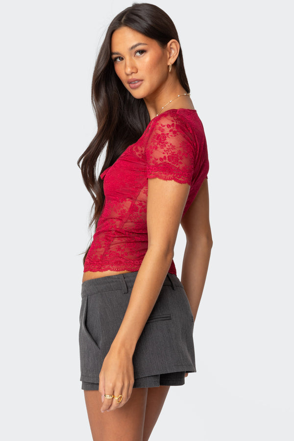 Edikted Roxana Sheer Lace Top Burgundy