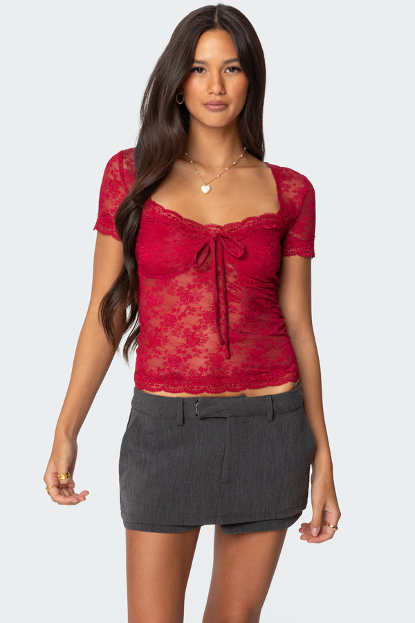 edikted Roxana Sheer Lace Top burgundy