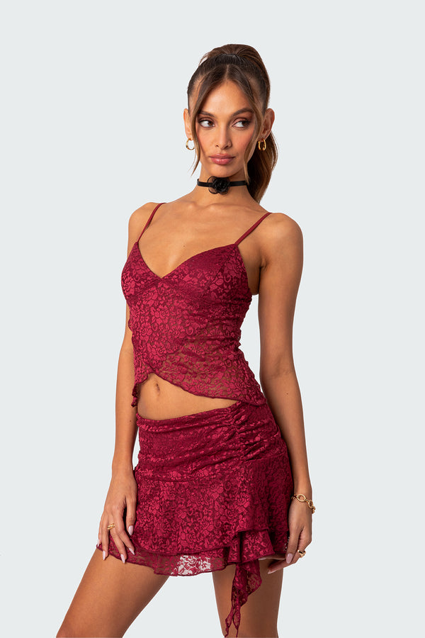 Edikted Ruby Sheer Lace Tank Top Burgundy