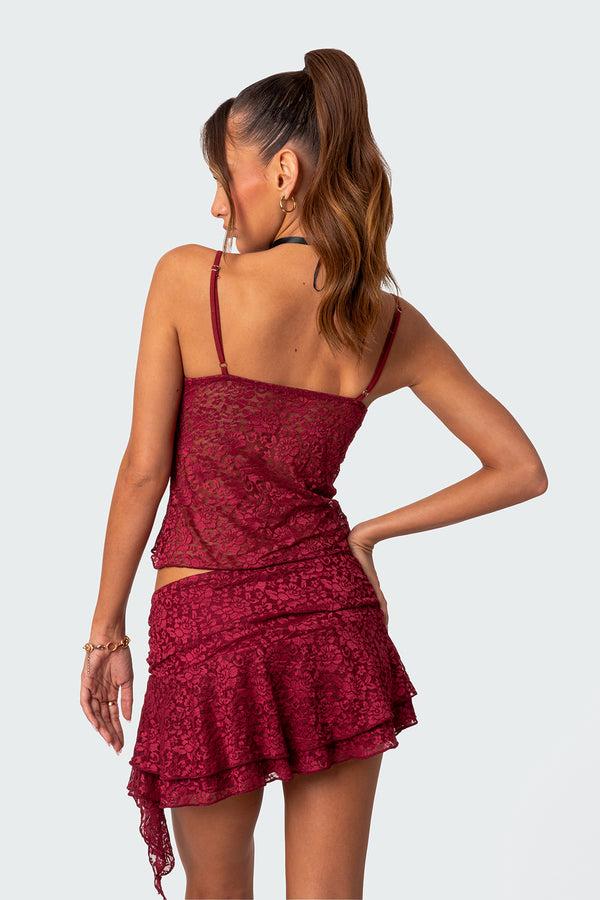 Edikted Ruby Sheer Lace Tank Top Burgundy