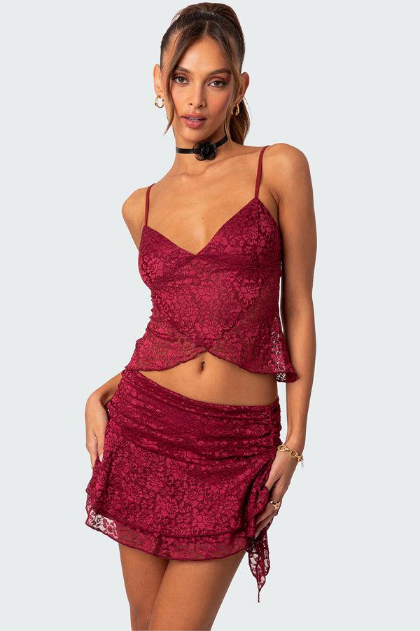edikted Ruby Sheer Lace Tank Top burgundy