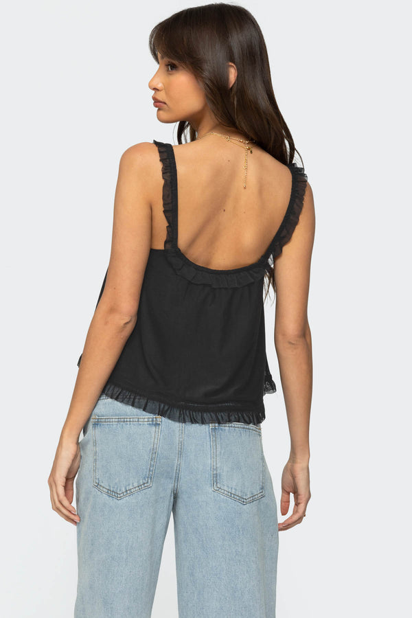 Edikted Ruffle Mesh Babydoll Tank Top Black