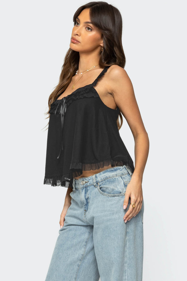 Edikted Ruffle Mesh Babydoll Tank Top Black