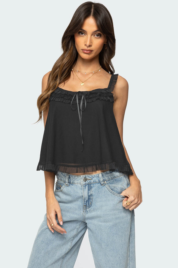 edikted Ruffle Mesh Babydoll Tank Top black