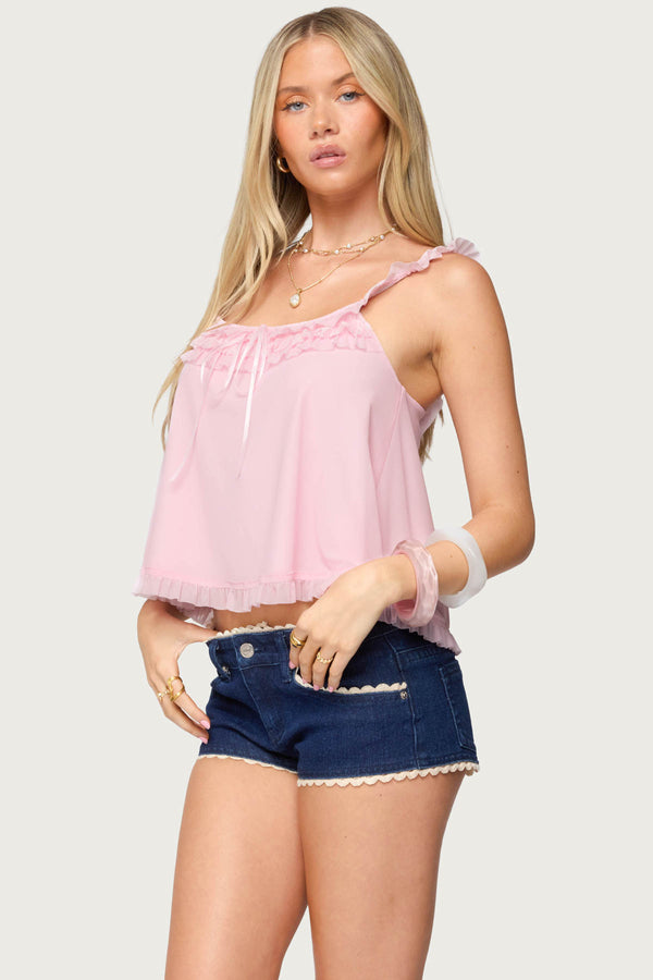 Edikted Ruffle Mesh Babydoll Tank Top Light Pink