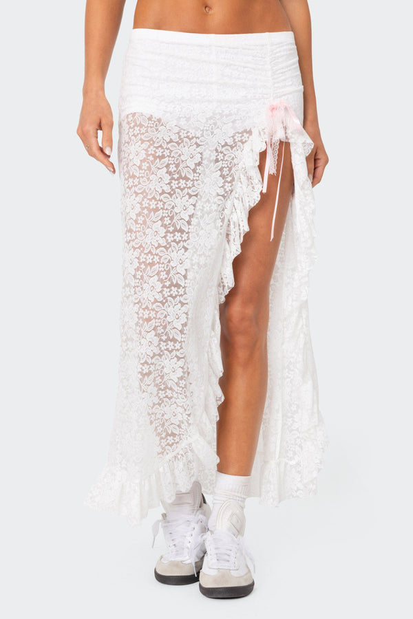 Edikted Ruffled Sheer Lace Maxi Skort White