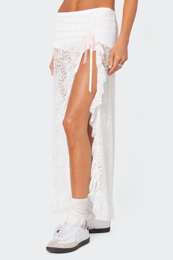 Edikted Ruffled Sheer Lace Maxi Skort White