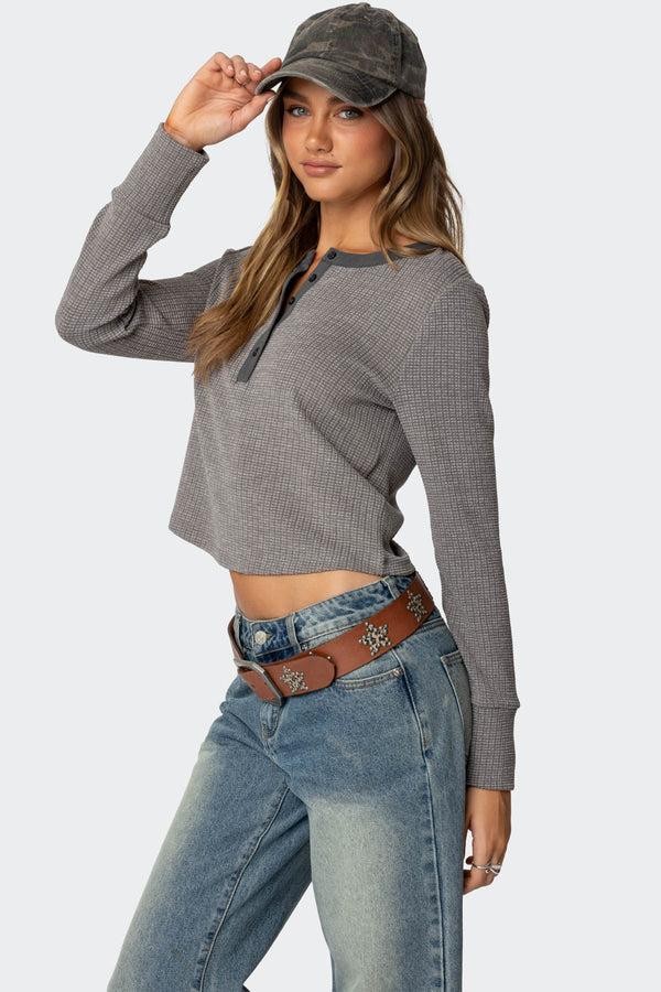Edikted Ruth Henley Waffle Top Gray Melange