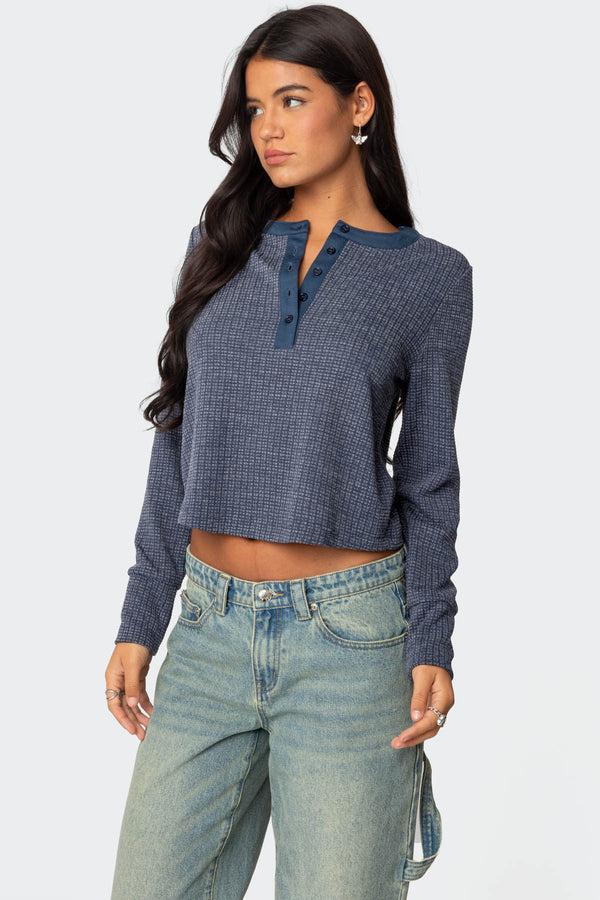 Edikted Ruth Henley Waffle Top Navy