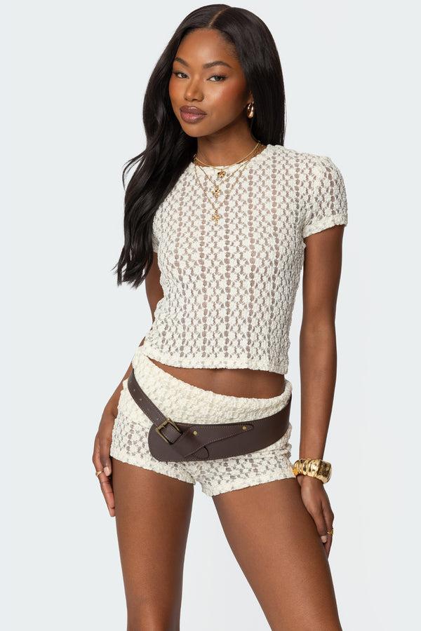 edikted Rye Sheer Textured T Shirt cream