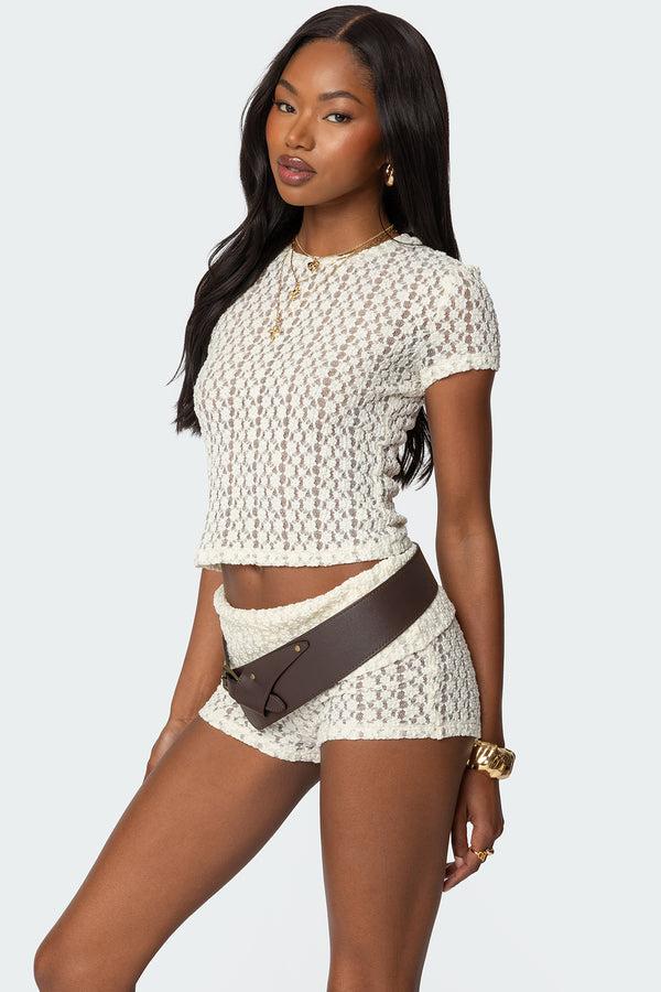 Edikted Rye Sheer Textured T Shirt Cream