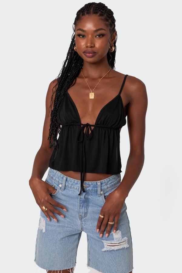 Edikted Rylee Tie Front Open Back Top Black