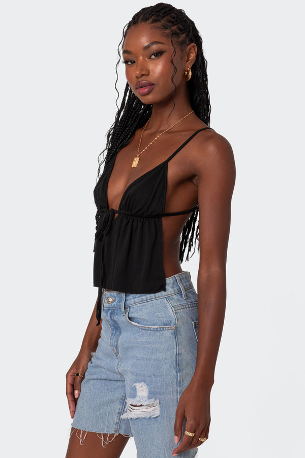 Edikted Rylee Tie Front Open Back Top Black
