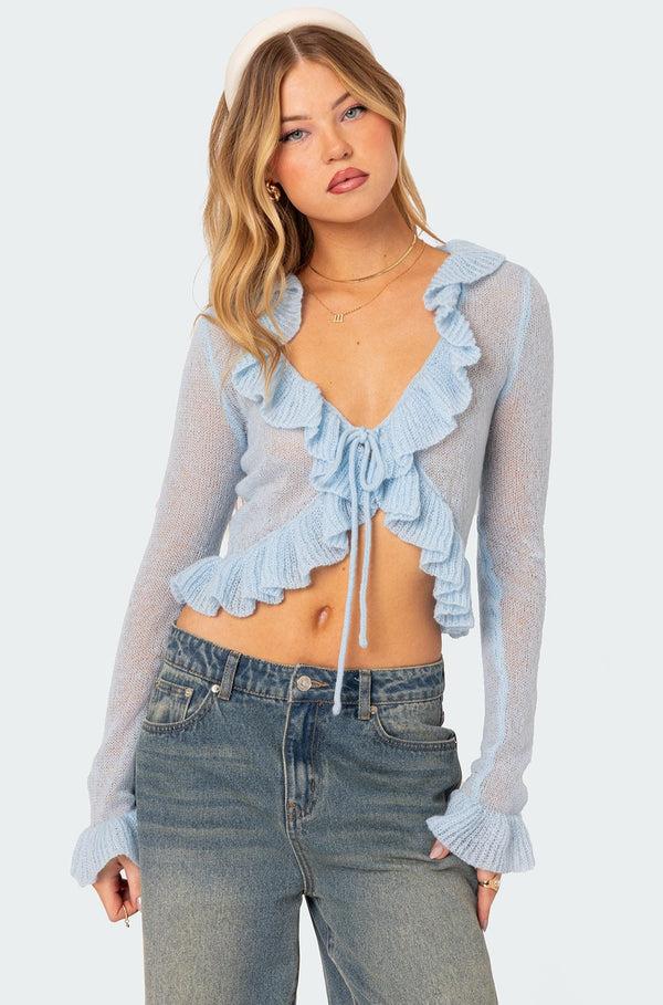 edikted Ryleigh Ruffled Tie Front Cardigan blue