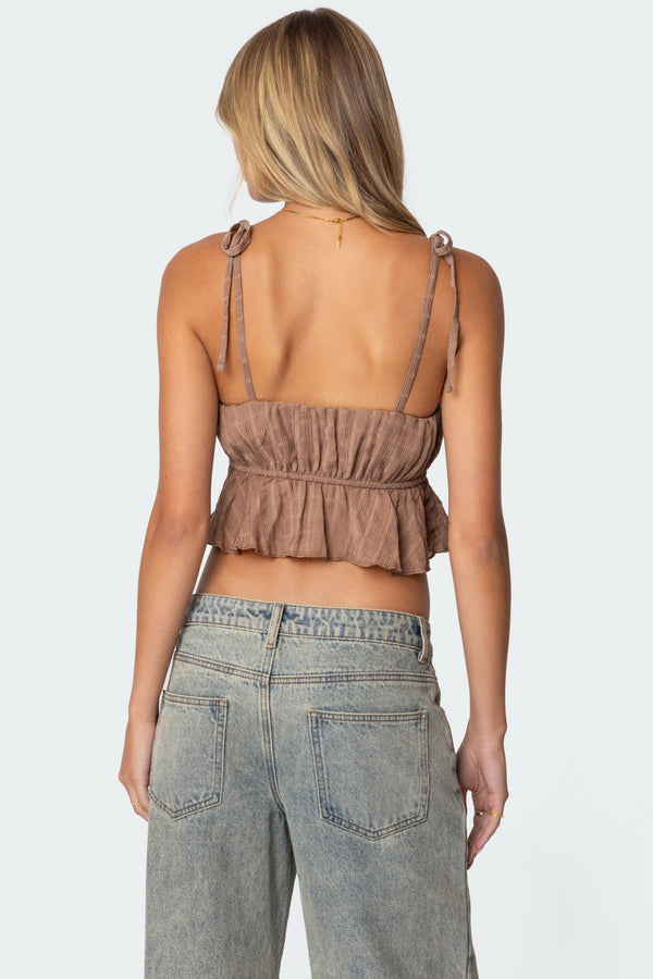 Edikted Rylie Textured Chiffon Flare Top Brown