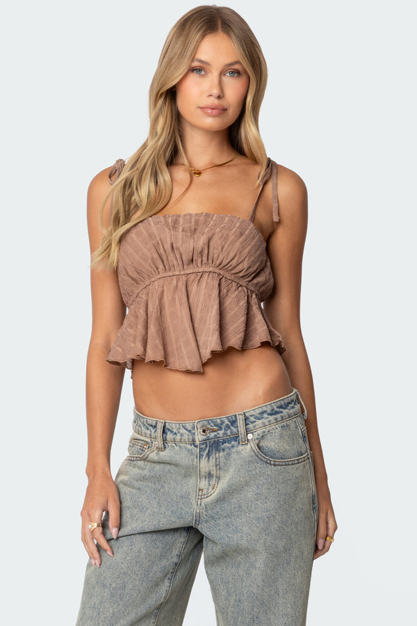 edikted Rylie Textured Chiffon Flare Top brown