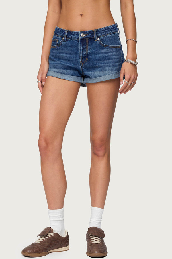 Edikted Rylin Low-Rise Denim Shorts Blue Washed