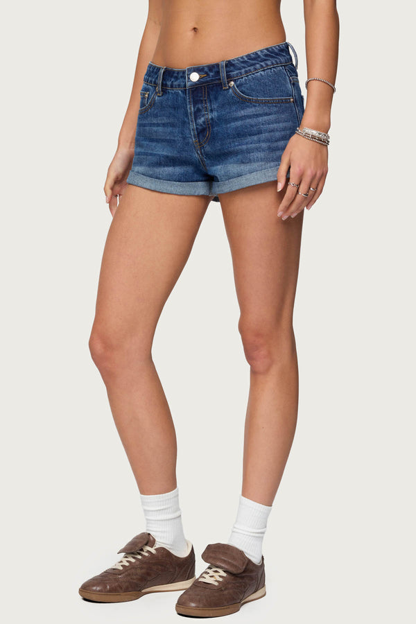 Edikted Rylin Low-Rise Denim Shorts Blue Washed