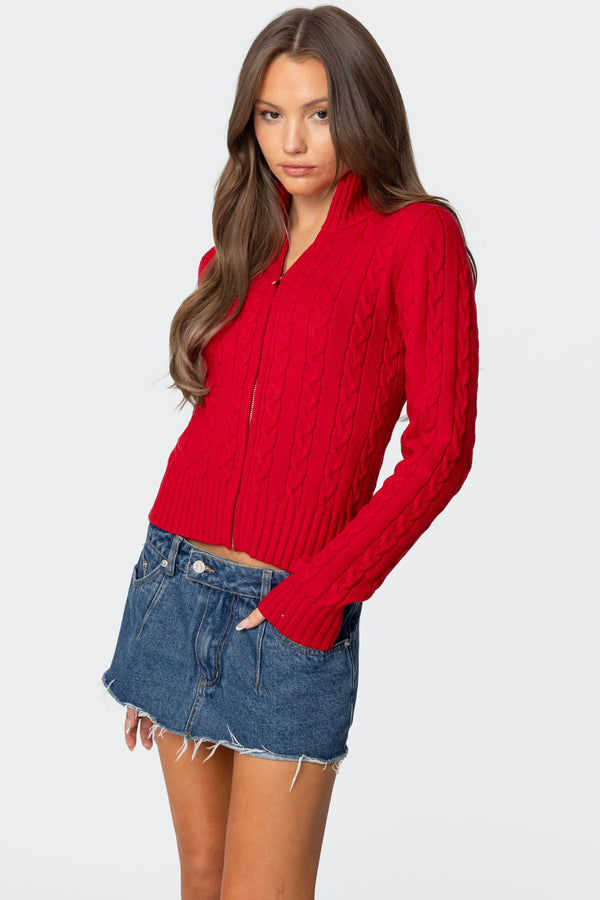 Edikted Ryn Zip Up Cable Knit Cardigan Red