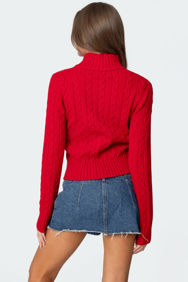 Edikted Ryn Zip Up Cable Knit Cardigan Red