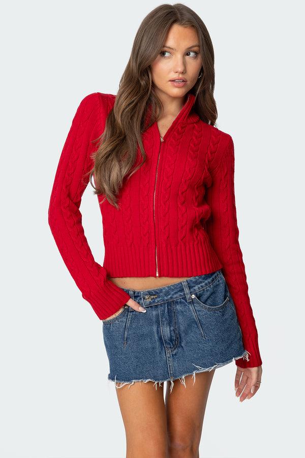 edikted Ryn Zip Up Cable Knit Cardigan red