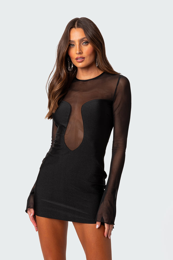 Edikted Saanvi Mesh Mini Dress Black