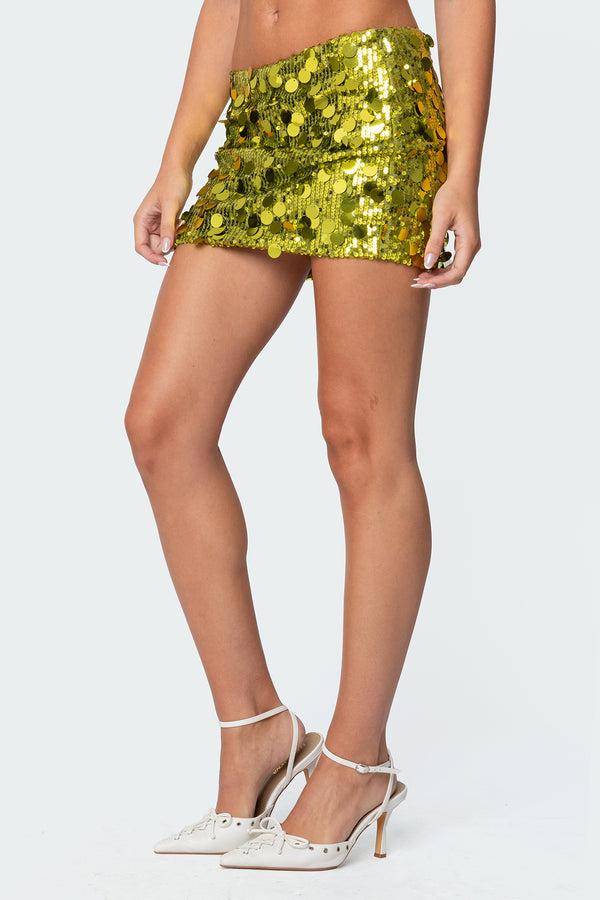 Edikted Sabina Low-Rise Sequin Mini Skirt Green