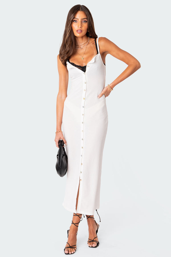 Edikted Sable Sheer Button Up Maxi Dress White