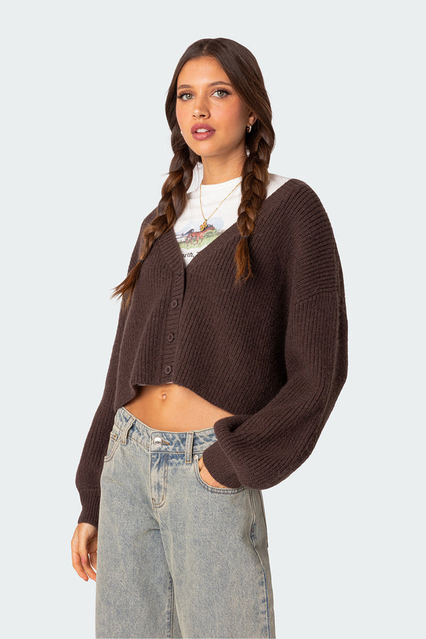 Edikted Sabrina Chunky Knit Cropped Cardigan Brown