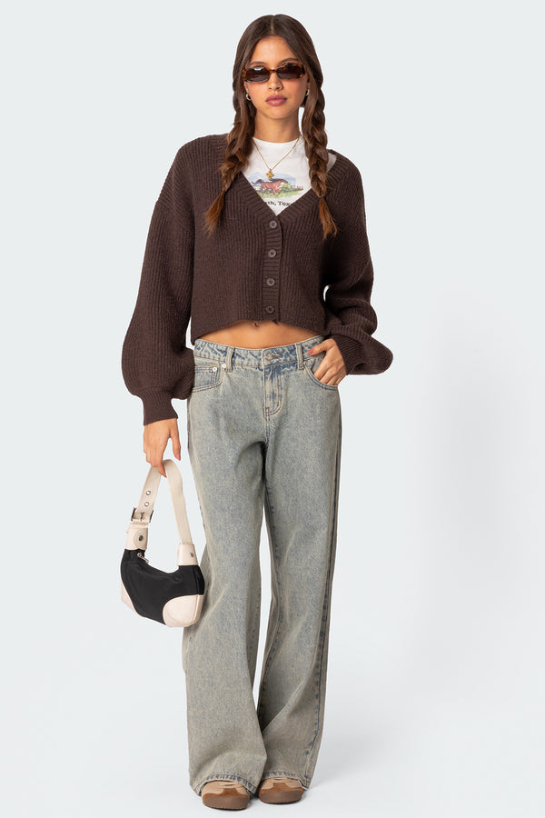 Edikted Sabrina Chunky Knit Cropped Cardigan Brown