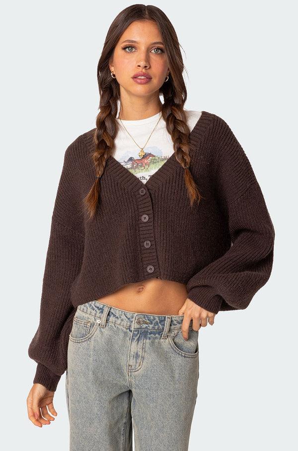 edikted Sabrina Chunky Knit Cropped Cardigan brown