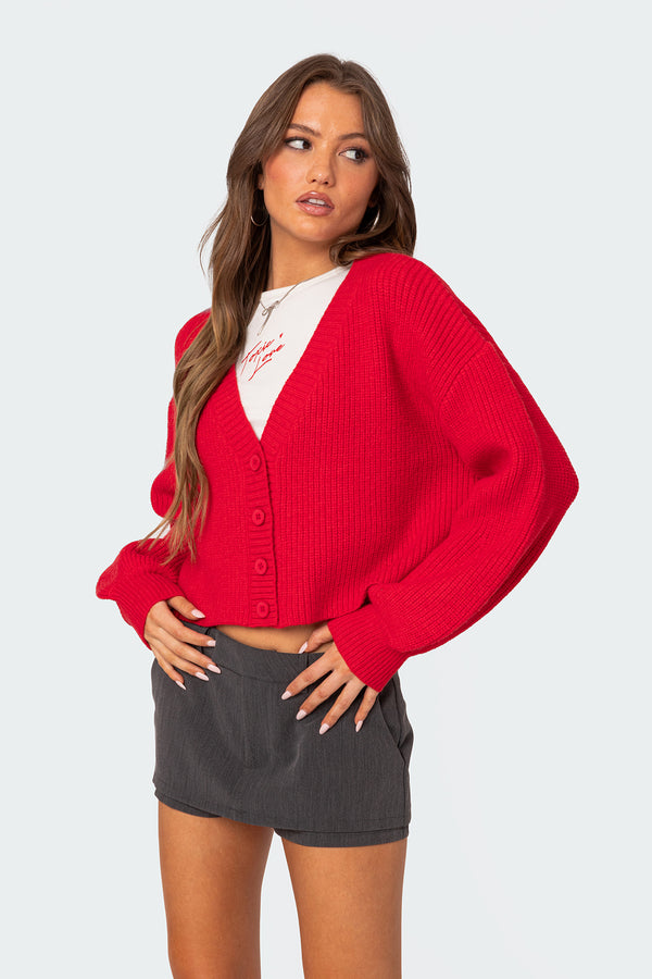 Edikted Sabrina Chunky Knit Cropped Cardigan Red