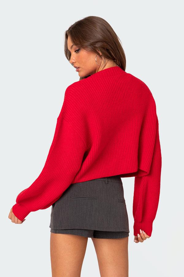 Edikted Sabrina Chunky Knit Cropped Cardigan Red