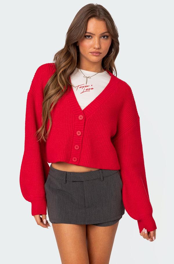 edikted Sabrina Chunky Knit Cropped Cardigan red