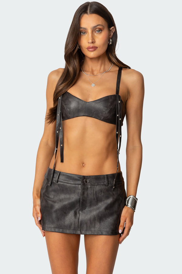 edikted Sadaf Faux Leather Bra Top brown washed