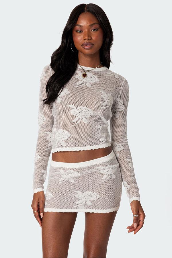 edikted Saga Embroidered Sheer Knit Top white