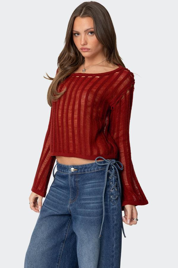 Edikted Sagir Sheer Ladder Knit Top Burgundy