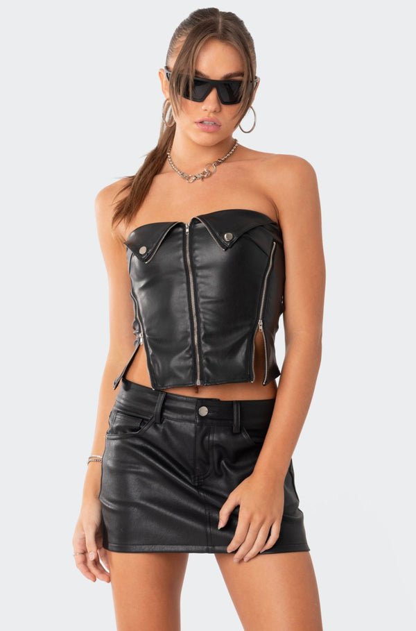 edikted Sam Faux Leather Zip Corset black