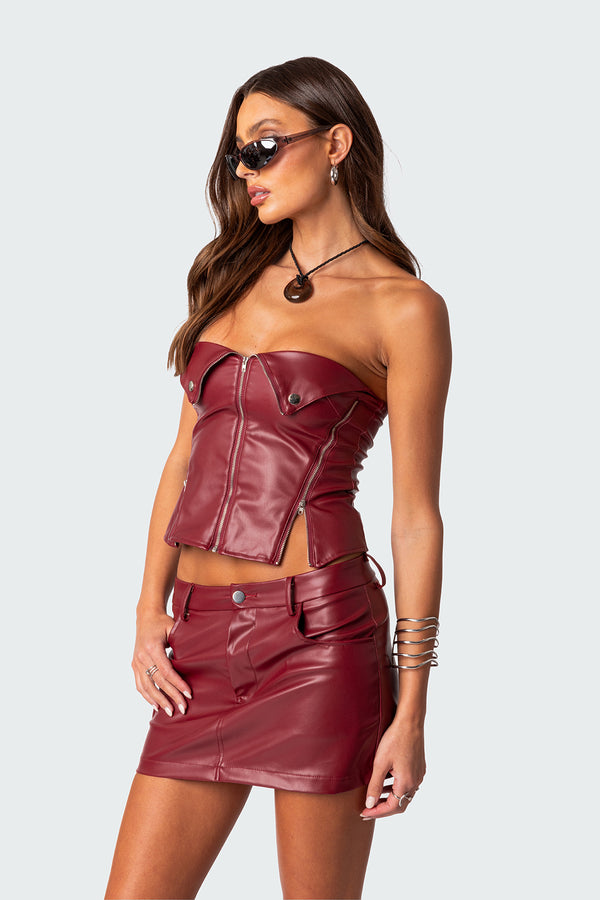 Edikted Sam Faux Leather Zip Corset Bordu