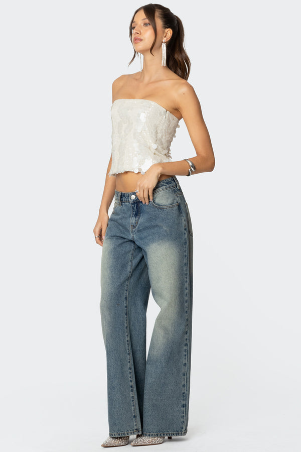 Edikted Samara Sequin Strapless Top Cream